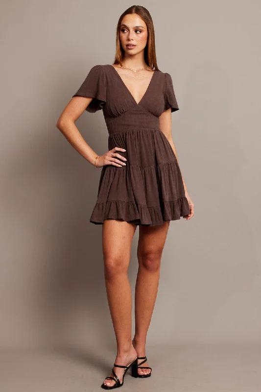 Celebrity Style Brown Fit And Flare Dress V-neck Mini