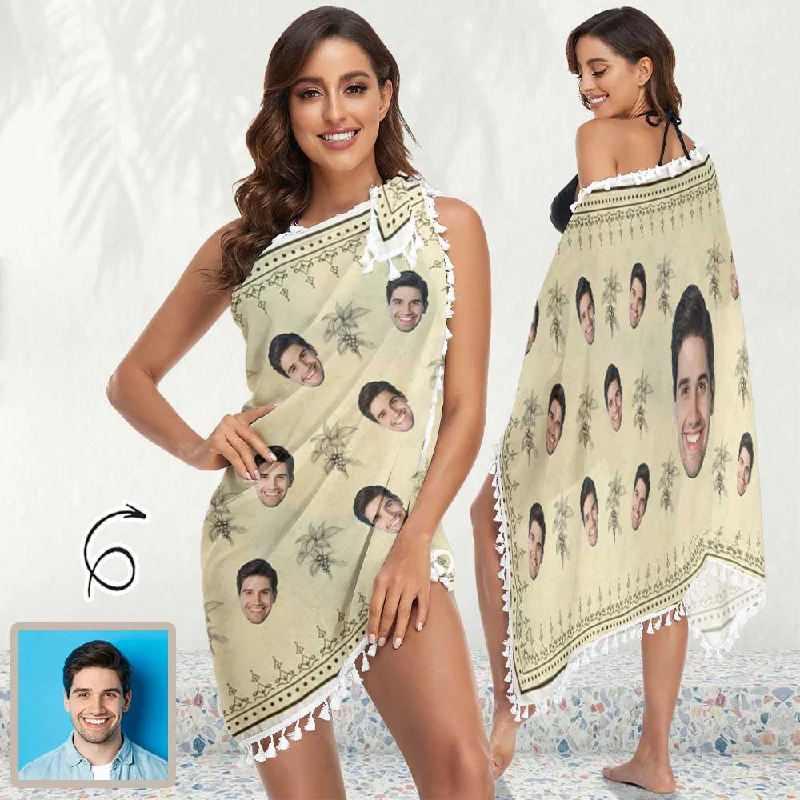 Advanced Customization Custom Face Yellow Coconut Tree Beach Wraps Chiffon Sarong Bikini Swimsuit Cover Ups Skirt Tassels