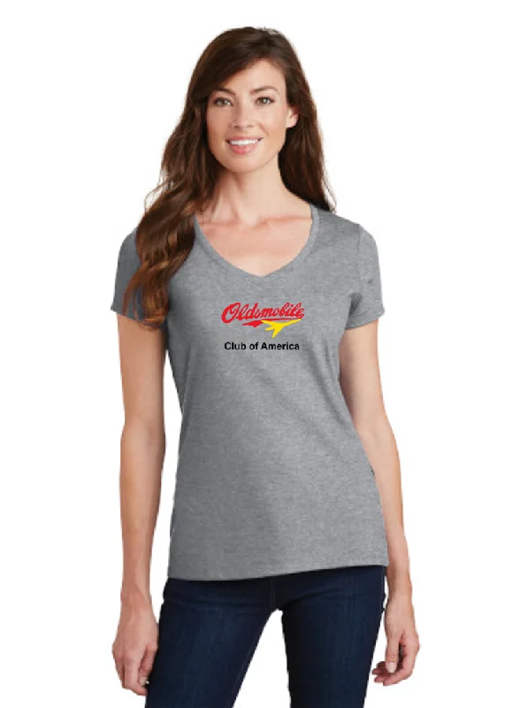 Sports Zipper Style OCA Oldsmobile Club of America SCRIPT LOGO Ladies Short sleeve V-neck Gildan T-shirt