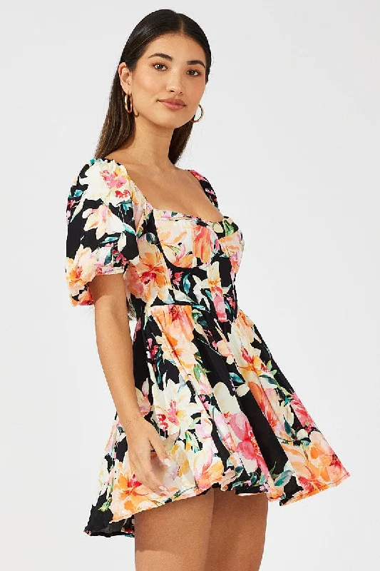 Party Wear Black Floral Puff Sleeve Skater Dress