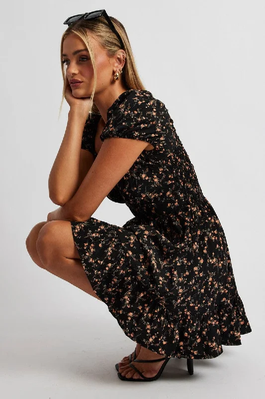 High-end Design Black Floral Fit And Flare Dress Puff Sleeve