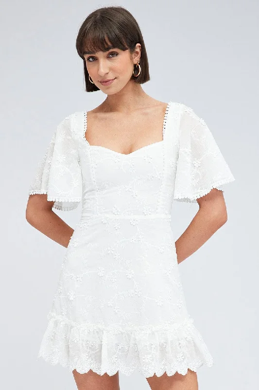 Classic White Mini Dress Wing Sleeve Cotton Lace