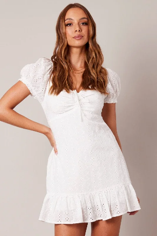 Elegant And Noble White Fit And Flare Dress Puff Sleeve Mini