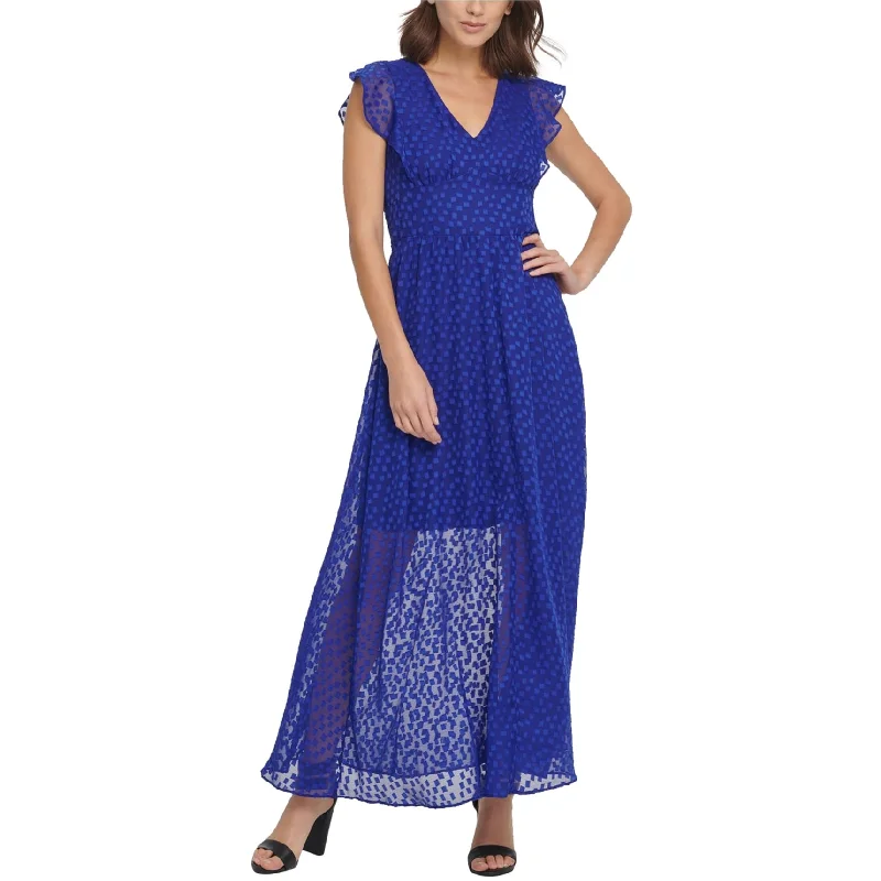 Trendy Items DKNY Womens Ruffle Cap-Sleeve Fit & Flare Dress, Blue, 4