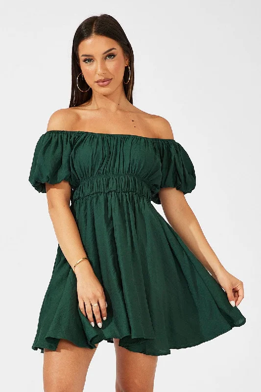Cute Design Green Fit and Flare Dress Short Sleeve Ruched