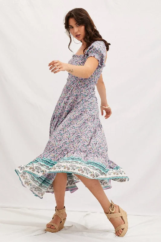 Romantic And Fresh Boho Print Square Neck Puff Sleeve Maxi Dress