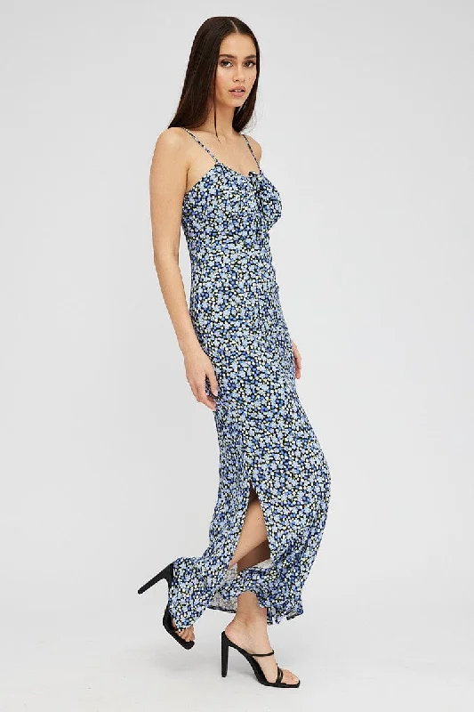 Fashionable In The Times Black Ditsy Midi Dress Gathering Bust Sleeveless