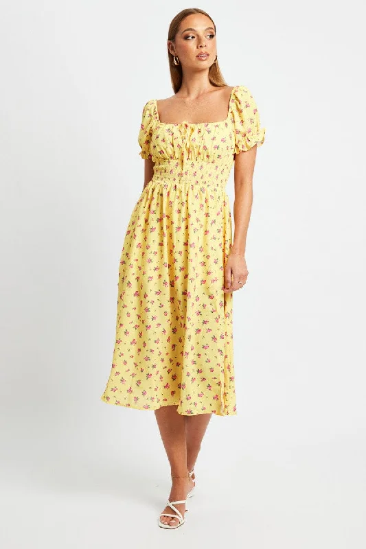 Stand-up collar design Yellow Floral Midi Dress Short Sleeve Ruched Bust