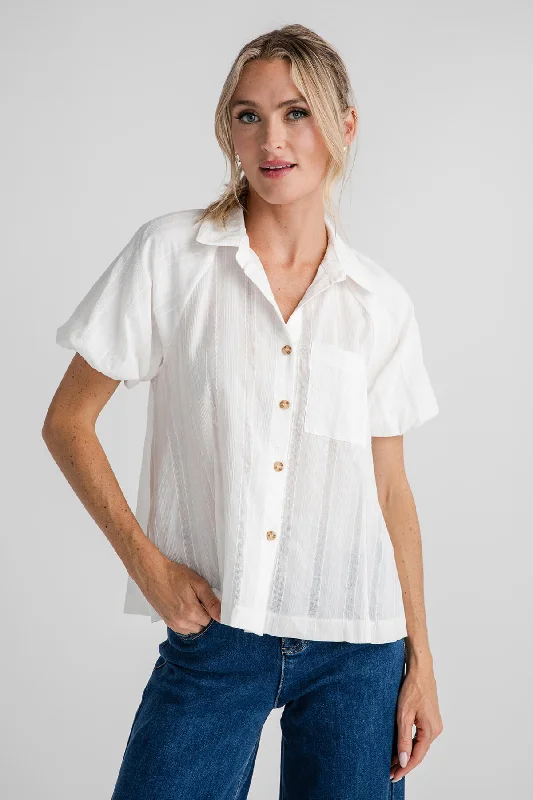 Comfortable Fashion Hem & Thread Button Down Bubble Sleeve Blouse