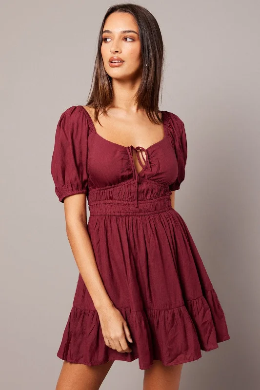 Luxe Comfort Red Fit And Flare Dress Puff Sleeve Mini