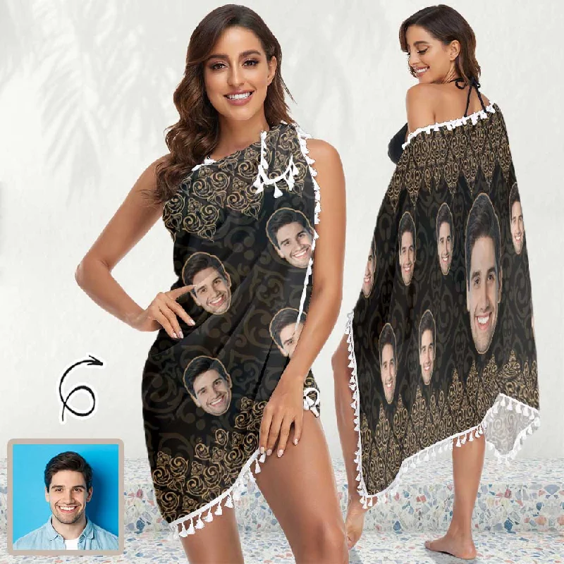 Comfortable down Custom Face Black Beach Wraps Chiffon Sarong Bikini Swimsuit Cover Ups Skirt Tassels
