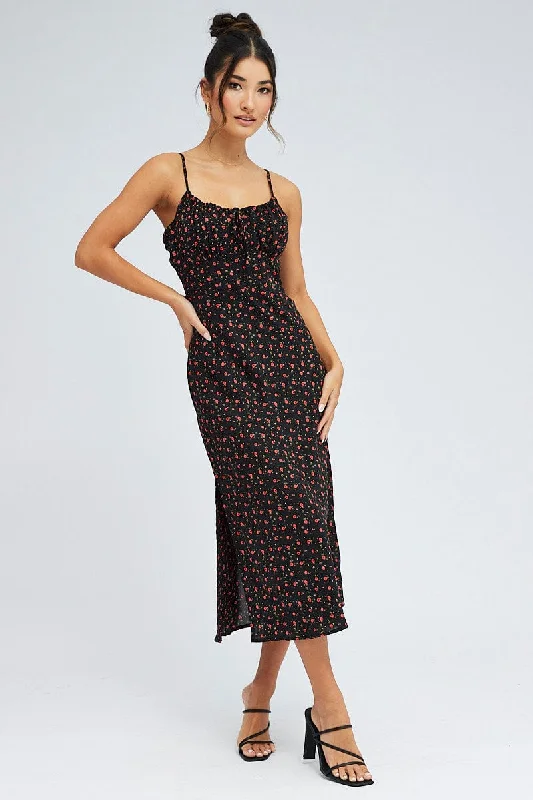 Casual Street Black Floral Midi Dress Sleeveless Ruched Bust Satin