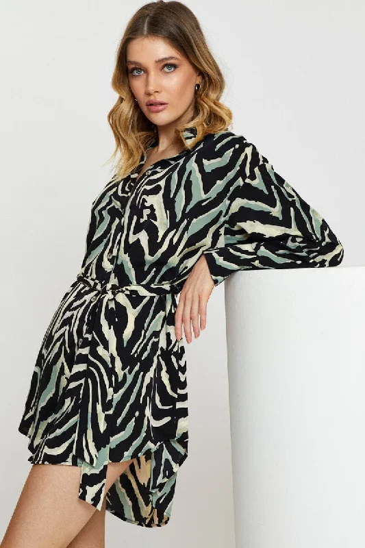 Street Charm Print Mini Dress Long Sleeve Evening