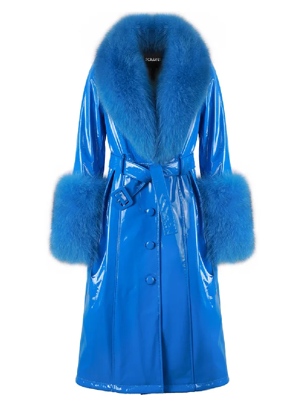 Versatile Style Faux Fur Patent Leather Coat in Blue