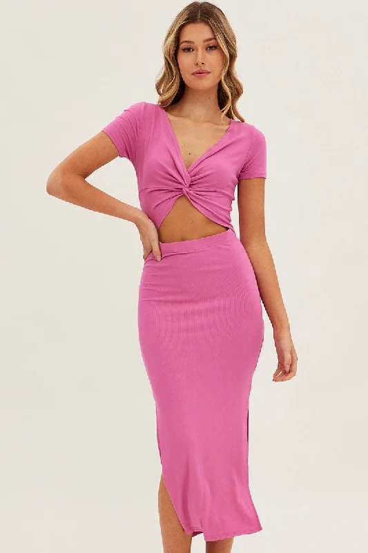 Single item design Pink Bodycon Dress Rib Twist Front Cut Out Short Sleeve