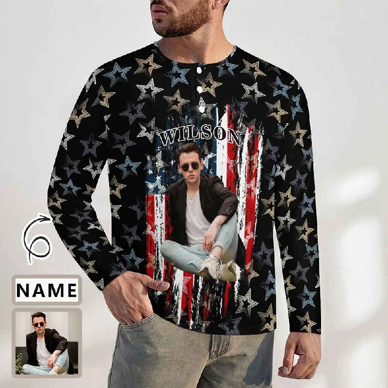 Quality Tailoring Men's Long-Sleeve Henley Shirt Custom Photo&Name American Flag Slim-Fit Cotton T-Shirt Tee Top