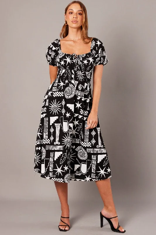 Street Style Black Abstract Midi Dress Short Sleeve Ruched Bust