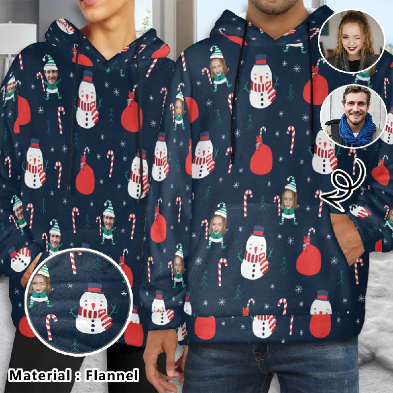 Wearable At Home Or Out Flannel Fleece Thickened Hoodie Custom Face Christmas Snowman Loose Pullover Hoodie
