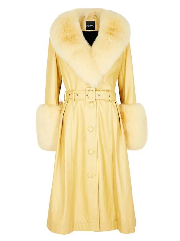 Celebrity Style Faux Fur Genuine Leather Coat in Yellow