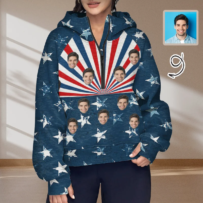 Casual Chic Wear Women's Half Zip Cropped Hoodies Custom Face American Flag Fleece Athletic Pullover Hoodies with Pockets Thumb Hole