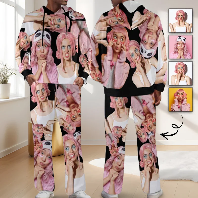 British Style Custom Photo Mens 2 Piece Outfits Lounge Hoodie Sweatsuit Sets Oversized Tracksuit with Pockets