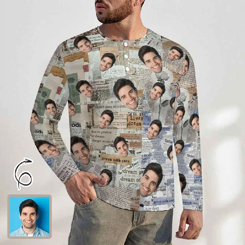 Noble And Elegant Men's Long-Sleeve Henley Shirt Custom Face Newspaper Slim-Fit Cotton T-Shirt Tee Top