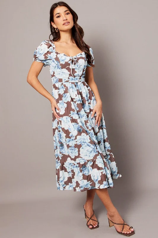 Retro Stripes Multi Floral Maxi Dress Puff Sleeve