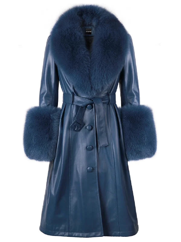 Hip-hop Style Faux Fur Genuine Leather Coat in Yale Blue