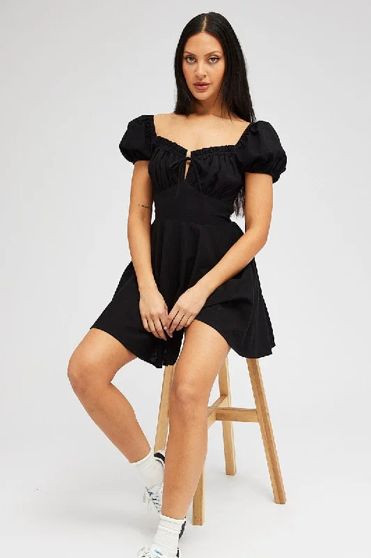 Luxury Temperament Black Fit And Flare Dress Puff Sleeve Mini