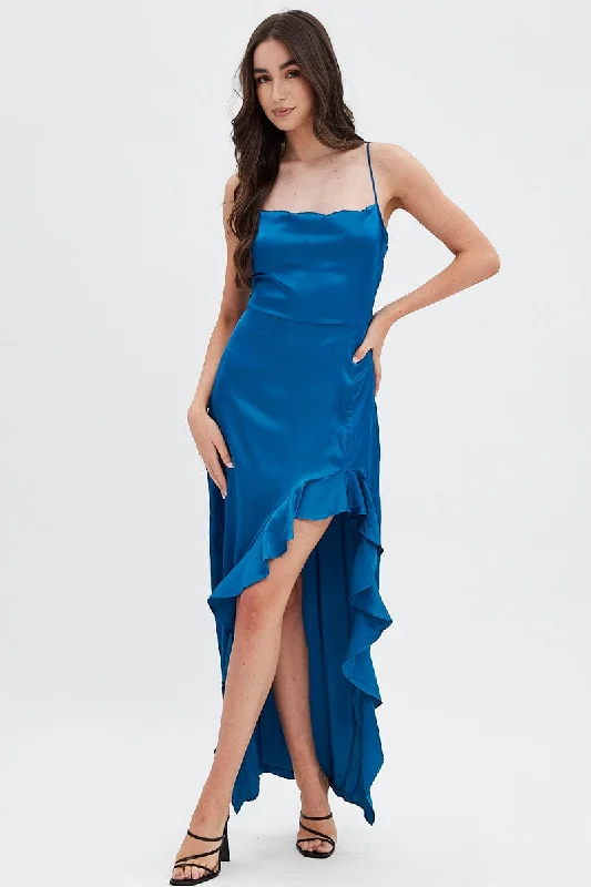 Soft Textures Blue Ruffle Maxi Satin Cowl Neck Dress