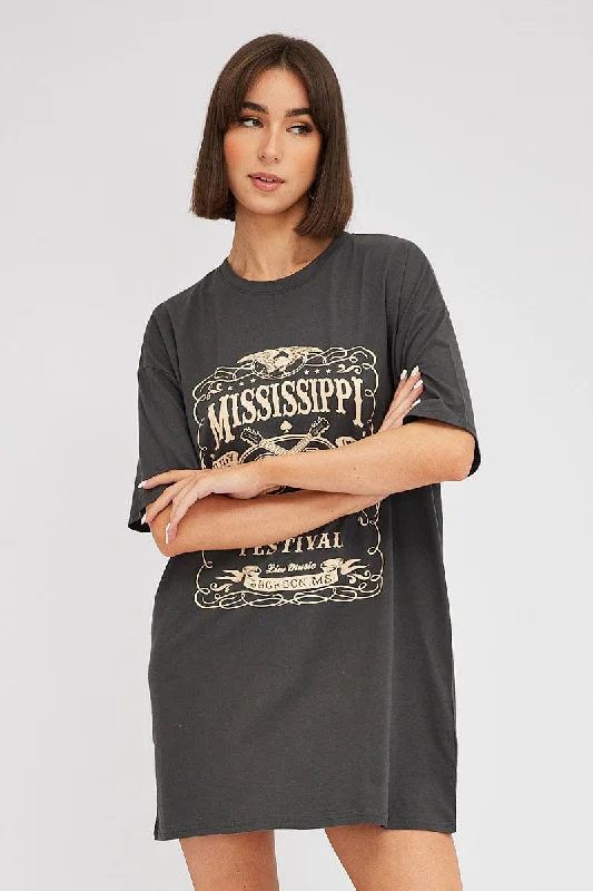 Trendy Casuals Black Graphic T Dress Short Sleeve