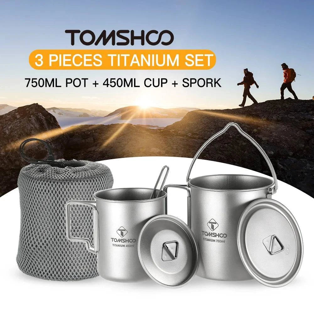 Free And Comfortable TOMSHOO Lightweight Titanium 3 Pieces Set Titanium 750ml Pot 450ml Water Cup Mug with Lid Collapsible Handle Folding Spork Free And Comfortable TOMSHOO Lightweight Titanium 3 Pieces Set Titanium 750ml Pot 450ml Water Cup Mug with Lid Collapsible Handle Folding Spork