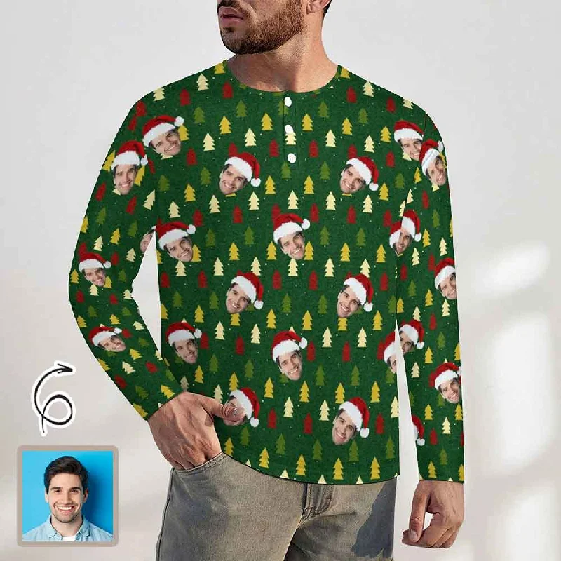 Perfect Tailoring Men's Long-Sleeve Henley Shirt Custom Face Christmas Slim-Fit Cotton T-Shirt Tee Top