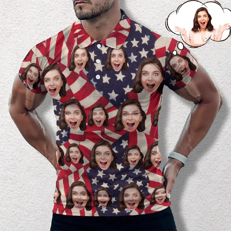 Beautiful Romance Custom Face USA Flag Style All Over Print Polo Shirt Personalized Men's Golf Shirt Beautiful Romance Custom Face USA Flag Style All Over Print Polo Shirt Personalized Men's Golf Shirt