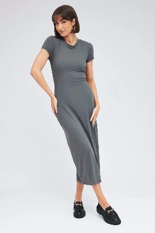 Perfect Tailoring Grey Maxi Dress Short Sleeve Bodycon SuperSoft