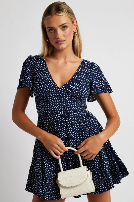 High-quality Styles Blue Ditsy Fit And Flare Dress V-neck Mini