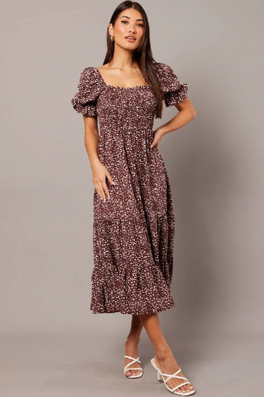 Letter embroidery Brown Ditsy Maxi Dress Puff Sleeve