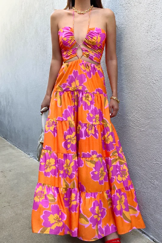 Versatile Wear Orchid Maxi Dress - Orange Floral
