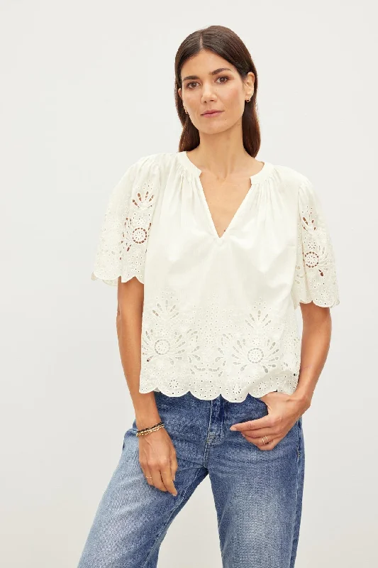 High-end Design RAZI EMBROIDERED COTTON LACE TOP