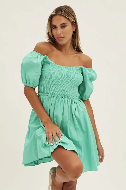 Everyday Comfort White Fit And Flare Dress Puff Sleeve Mini Poplin