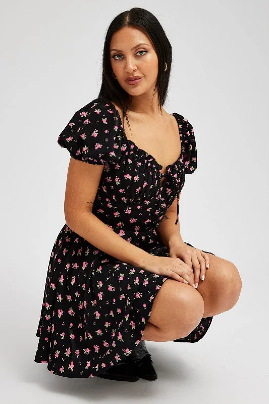 Sports outdoor style Black Floral Fit And Flare Dress Puff Sleeve Mini