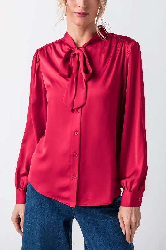 Fresh Wear Skies Are Blue Tie Neck Shoulder Shirring Blouse
