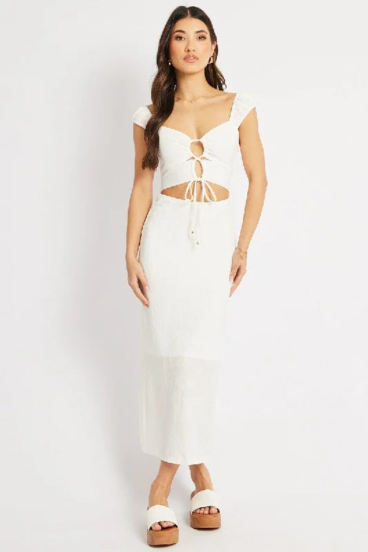 Age-reducing Style White Bodycon Dress Textured Midi