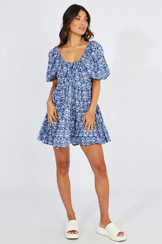 Trends Blue Floral Fit And Flare Mini Dress Puff Sleeve