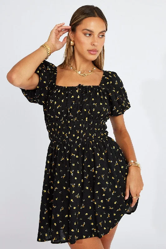 Sports High Waist Style Black Floral Fit And Flare Dress Puff Sleeve Mini