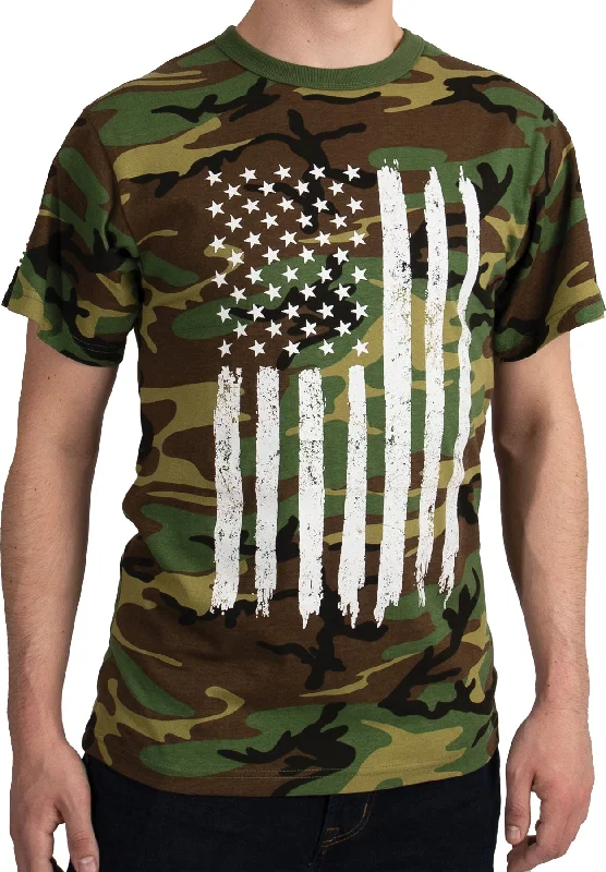Elegant And Lazy Woodland Camo - Camo US Flag T-Shirt