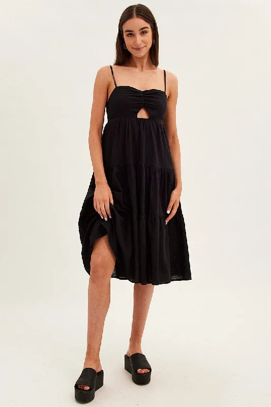 Low-key Luxury Black Midi Dress Sleeveless Ruched Tiered