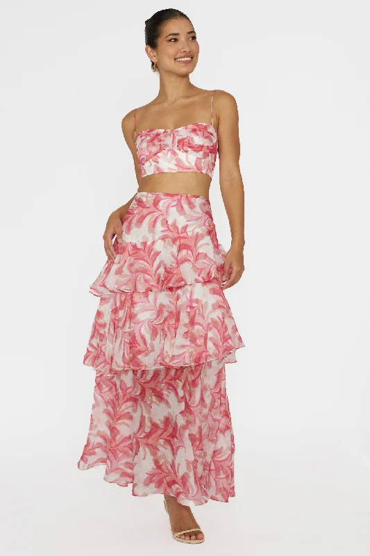 Relaxed Chic Veda Tiered Ruffle Maxi Skirt Floral Pink