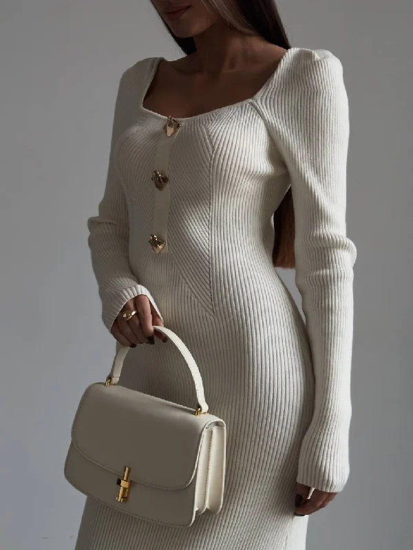 Fashionable Items Elegant Cream Ribbed Knit Midi Dress