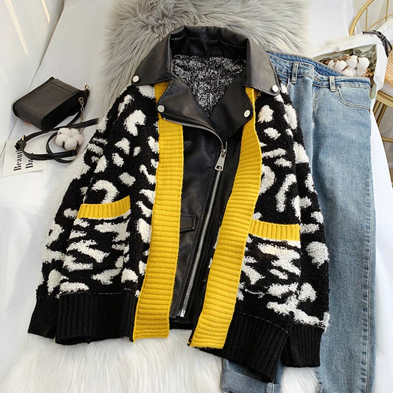 Unique prints Leopard print foreign style knitted cardigan piecing European goods  5105